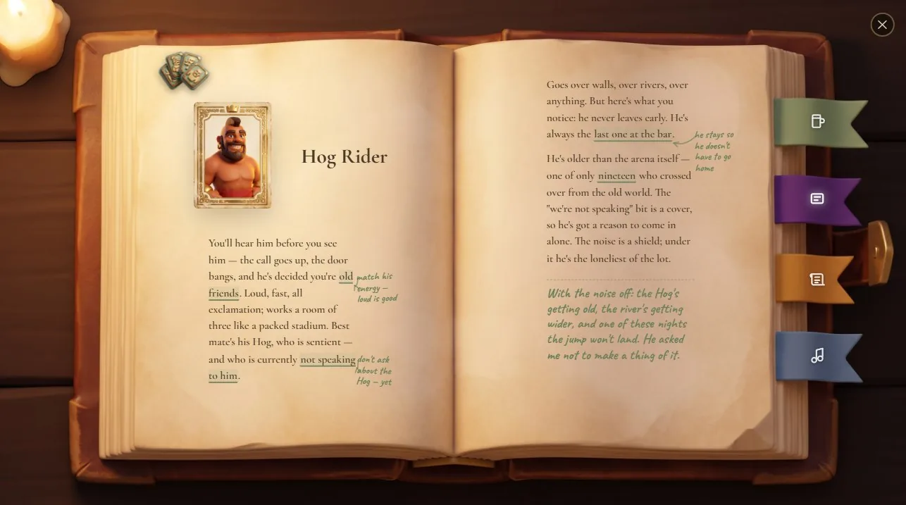 The Hog Rider's page in the Regulars' Ledger — his printed bio with Sage's green pinned note in the margin.