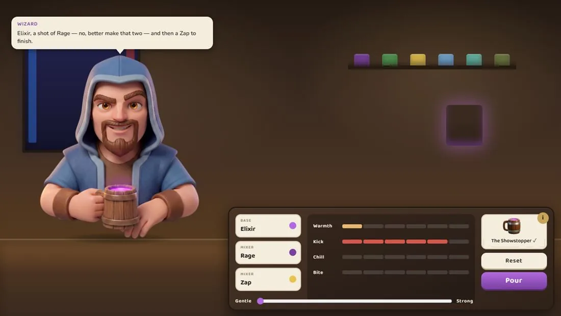 Elixir Hour on desktop — the Wizard at the bar with the mixing panel open