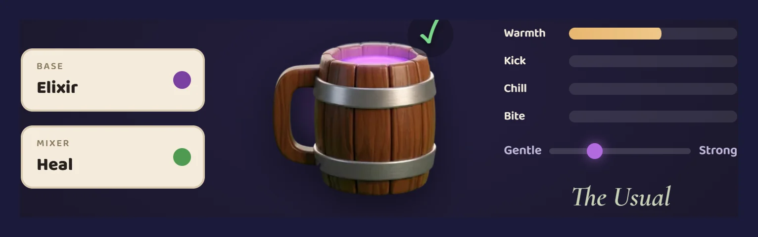 The brew: a base, two mixers, four meters, and the ✓ when the drink fits the mood.