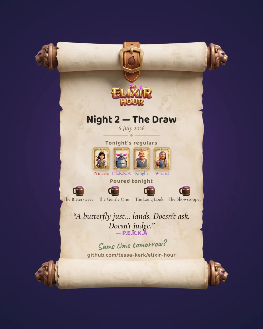 A Night Cap — the share card the game composes at the end of every Night.